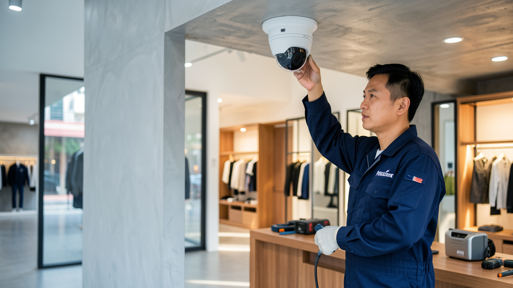 Kỹ thuật viên lắp camera tại công trình